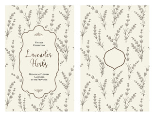 The book cover design with floral elements. Botanical book cover with lavender flower pattern. Calligraphic text - Lavender Herbs. Decorative frame or border for covers. Vector illustration.