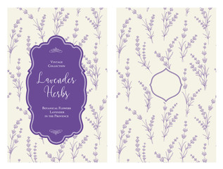 Naklejka premium The book cover design with floral elements. Botanical book cover with lavender flower pattern. Calligraphic text - Lavender Herbs. Decorative frame or border for covers. Vector illustration.