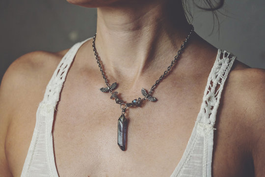 Gemstone necklace on female neck