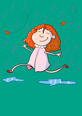 hand drawn cartoon style happy cute girl running under fall rain with copy space