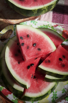 Pieces of ripe watermelon on the table