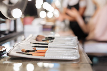 Close up of professional makeup brushes set