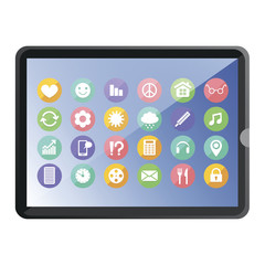 Vector drawing illustration of a tablet, with flat design, modern icons