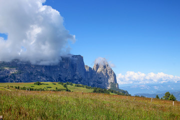 Sciliar (Schlern) Mount is a mountainous group of the Dolomites located in Trentino-Alto Adige, in Bolzano province, Italy. Here seen from Alpe di Siusi.