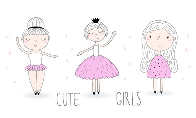Hand Drawn cute little girl, doodle nursery illustration