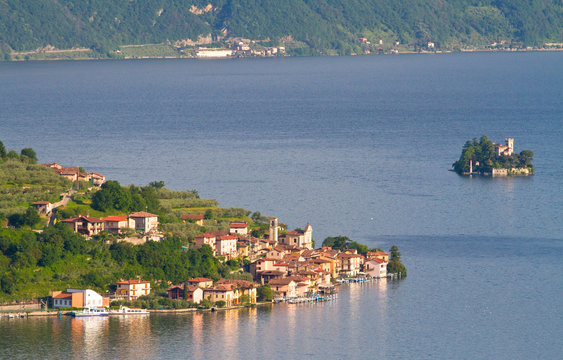 Europe, Italy, Lombardy. The town of Carzano in the center of Lake Iseo in Lombardy