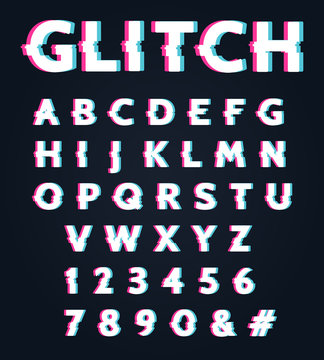 Font With Glitch Effect. Glitched Digital Alphabet, Type Letters With Old Tv Screen Distortion Vector Illustration