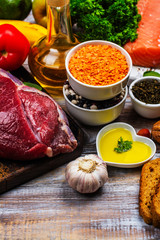 Healthy food concept. Low cholesterol nutrition. Space for text