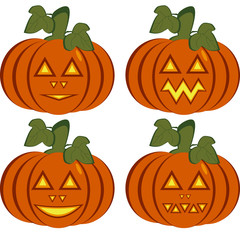 A set of isolated icons of dark orange pumpkins with carved horrible and smiling faces. Objects can be used as Jack-o-lantern for the celebration of Halloween