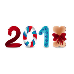 Vector colorful numbers 2018 with eight as bone with bow and two as sausage. Next new year template illustration