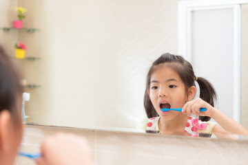 pretty lovely little kid girl looking at mirror