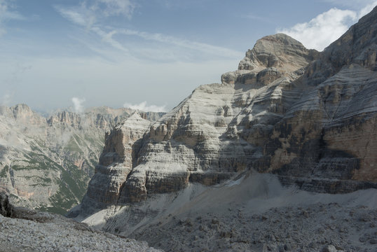 The layers of rock which form the mountains of Tofana di Dentro and Punta Nemesis with their scree at the base. Dolomites, Veneto,Italy