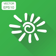 Hand drawn sun icon. Business concept sun pictogram. Vector illustration on green background with long shadow.