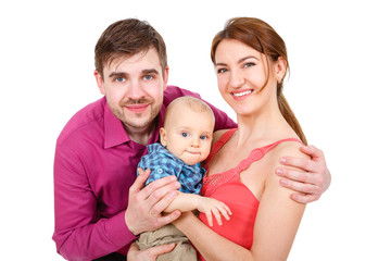 Happy and smiling young family Portrait isolated on White Background. Father and Mother with Little Baby boy. Parents with Child