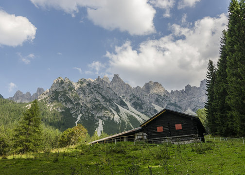 Malga Pra di Toro, Spalti di Toro, Dolomites, Belluno, Veneto, Italy. Chalet at Malga Pr&agrave; di Toro