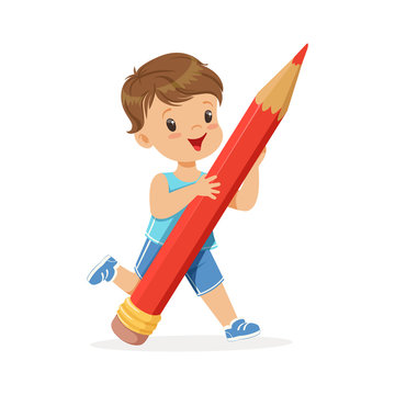 Cute little boy holding giant red pencil cartoon vector Illustration