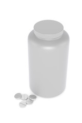 3D realistic render of plastic container for drugs with pile of tablets on ground. Isolated on white background with shadows. Template for your design.