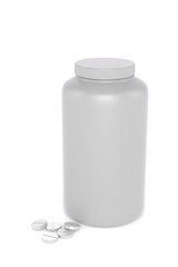 3D realistic render of plastic container for drugs with pile of tablets on ground. Isolated on white background with shadows. Template for your design.