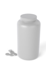 3D realistic render of plastic container for drugs with pile of tablets on ground. Isolated on white background with shadows. Template for your design.