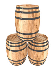 3D realistic render of three old light wood barrel. White background. Shadows. Clipping path