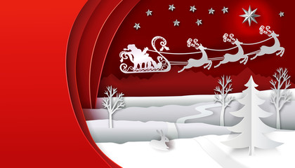 Christmas paper art with Santa Claus and his deers run on the sky. Red and white colors vector illustration. Paper cut layers. Place for text. Snow, hare, stars and christmas tree on winter background