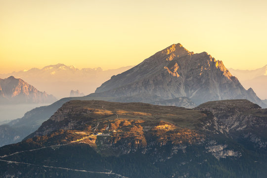 View of the Picco di Vallandro and Monte Piana sunrise in the Dolomites, South Tyrol