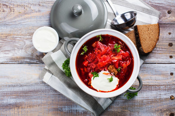 Traditional Russian or Ukrainian beetroot soup borscht. Space for text