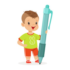 Cute smiling little boy holding giant blue pen cartoon vector Illustration
