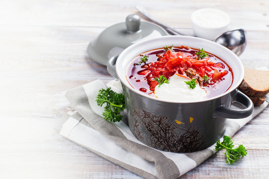 Traditional Russian or Ukrainian beetroot soup borscht. Space for text