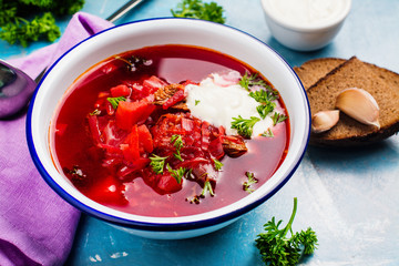 Traditional Russian or Ukrainian beetroot soup borscht. Space for text