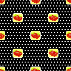 Strawberries on a polka dot background. Seamless pattern. 