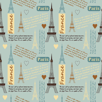 Seamless pattern with Eiffel tower and inscriptions. Useful for textile design and paper.
