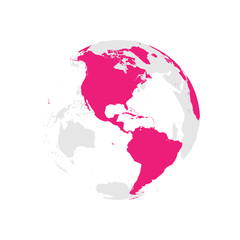 Earth globe with pink world map. Focused on Americas. Flat vector illustration.