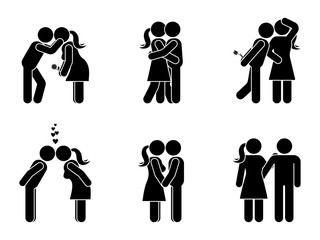 Stick figure kissing couple set. Man and woman in love vector illustration on white. Boyfriend and girlfriend hugging, cuddling and holding hand pictogram