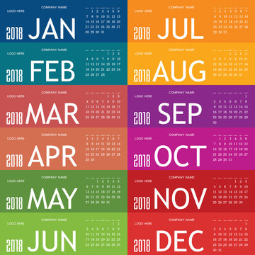 calendar for year 2018 with color card set one