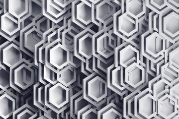 Background in gray colors with abstract randomly arraged hexagonal shapes and frames. 3D illustration.