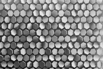 Background with randomly arranged hexagonal shapes in gray color. 3D illustration.