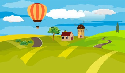 Countryside landscape, green hill, mill, house, air baloon, village view