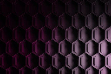 Geometric futuristic honeycomb pattern in dark purple colors. Background with hexagonal repeating shapes. 3D illustration.