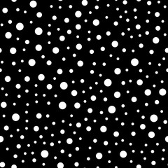 White polka dots seamless pattern on black background. Appealing classic white polka dots textile pattern in restrained colours. Seamless scattered confetti fall chaotic decor. Vector illustration.