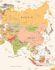 Fototapeta na wymiar Asia Map - Vintage Vector Illustration