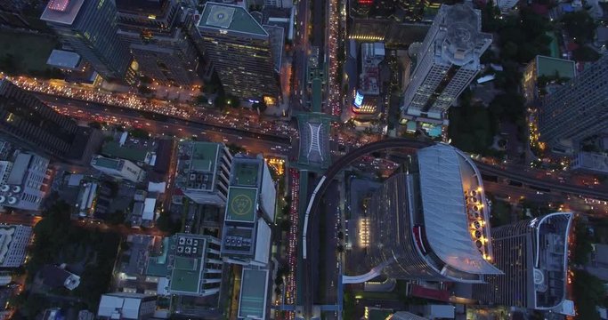 Aerial scene of business area of bangkok, Sathorn Narathiwas road junction with BTS skytrain, Bangkok, Thailand, 4k video
