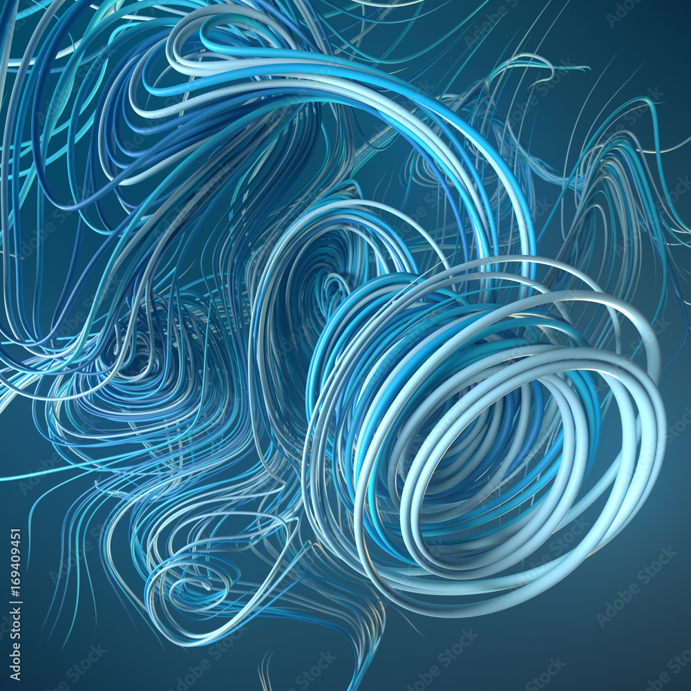Poster Interlacing abstract blue curves. 3D rendering
