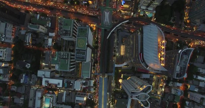 Aerial scene of business area of bangkok, Sathorn Narathiwas road junction with BTS skytrain, Bangkok, Thailand, 4k video