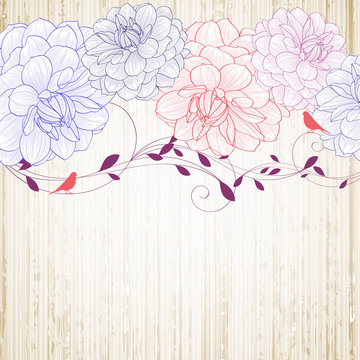  Floral frame with bird and flower dahlia. Element for design.