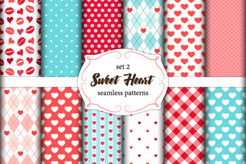 Cute set of scandinavian Sweet Heart seamless patterns with fabric textures
