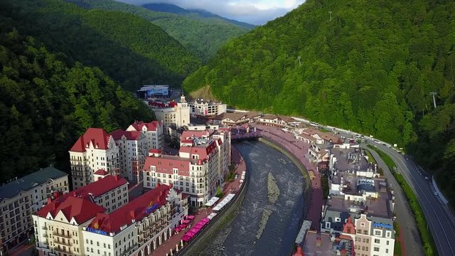 SOCHI, RUSSIA - May, 2017: Aerial view above Ski Resort Rosa Khutor