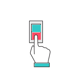 Man hand push button switch. Vector illustration flat minimal line design style. Electric control switch by pressing hand.  Red and green button with indicator lamps.