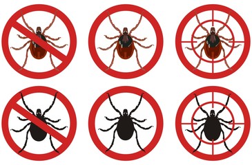 Stop mite signs. Set of insect pest control signs. Vector illustration.