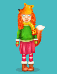 Vector illustration of a  cute happy little young beautiful girl dressed as a fox   on blue background with snowflakes in winter. Illustration art.